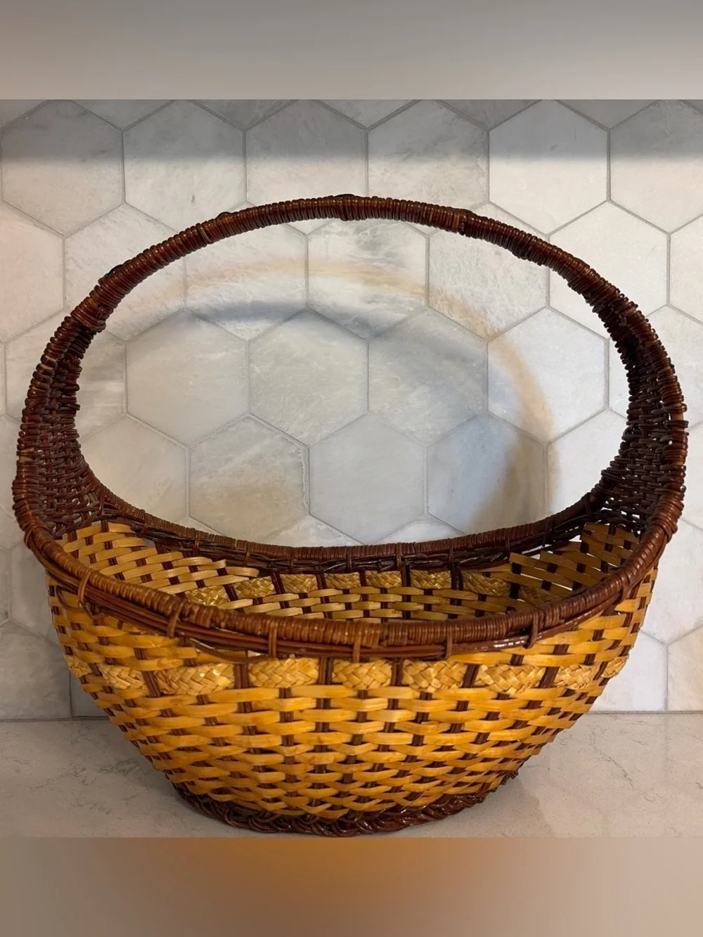 Vintage Large Two-Tone Wicker Bonnet Basket